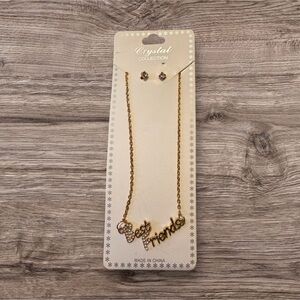 Best Friends Gold Necklace & Crystal Stud Earrings Set – 9”